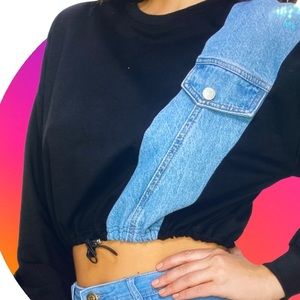 Multi Fabric Crop Fashion Sweatshirt with Denim Accent. Faux Front Pocket.